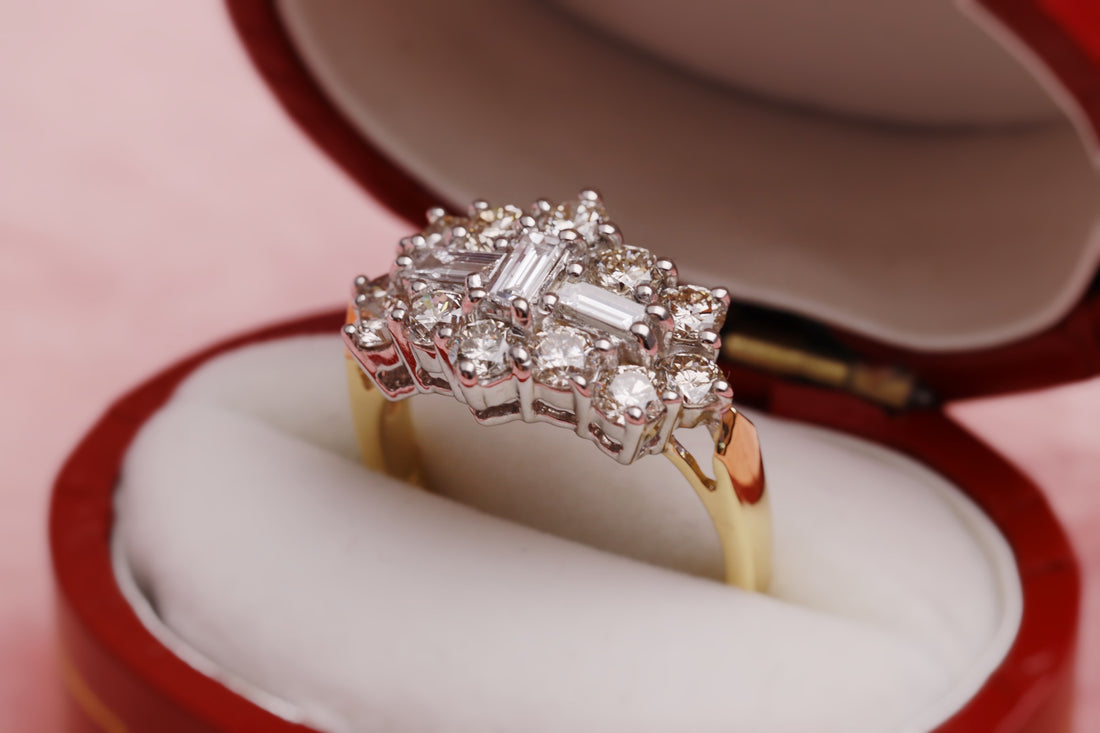 18ct Gold & Diamond Set Cluster Ring in a red jewellery ring box