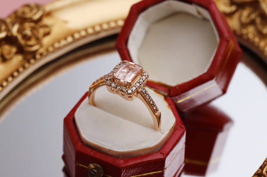 9ct Rose Gold Diamond & Morganite Set Halo Ring in a red jewellery box