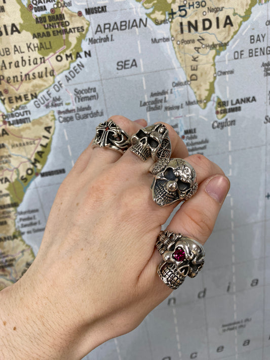925 Silver Heavy Skull, Cross and Clown rings on a hand