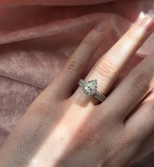 9ct White Gold Diamond teardrop Halo Cluster ring with a 9ct White gold Diamond set wedding band underneath