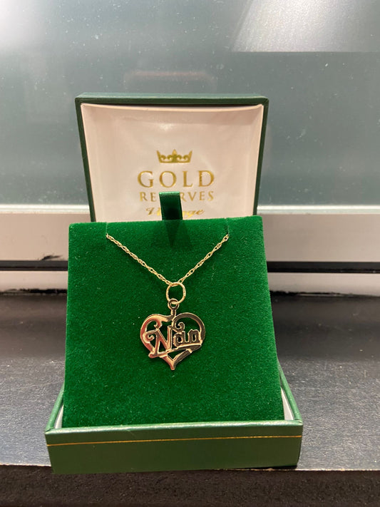 9ct Gold Nan Heart 18" Necklace in a jewellery box