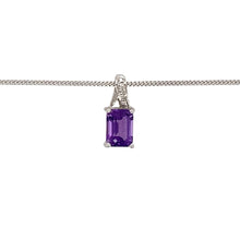 Load image into Gallery viewer, Preowned 9ct White Gold Diamond &amp; Amethyst Set Pendant on an 18&quot; fine curb chain with the weight 2.40 grams. The pendant is 1.4cm long and the amethyst stone is 7mm by 5mm
