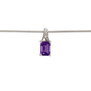 Preowned 9ct White Gold Diamond & Amethyst Set Pendant on an 18" fine curb chain with the weight 2.40 grams. The pendant is 1.4cm long and the amethyst stone is 7mm by 5mm
