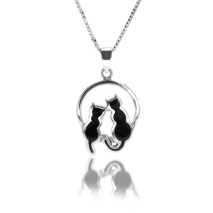 New 925 Silver Black Enamel Double Cat on a moon Pendant on an 18" fine pendant chain