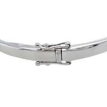 Load image into Gallery viewer, Preowned 18ct White Gold &amp; Diamond Set Split Front Wrap Around Hinged Bangle with the weight 18 grams. The front of the bangle is 5mm wide and the diameter of the bangle is 6cm
