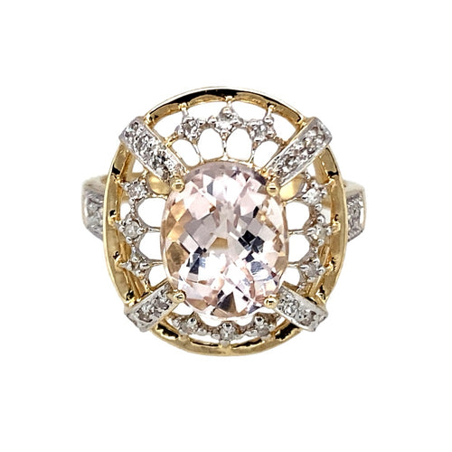 9ct Gold Diamond & Quartz Set Patterned Ring
