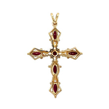 Load image into Gallery viewer, Preowned 9ct Yellow and White Gold Diamond &amp; Ruby Set Cross Pendant with the weight 4 grams. The ruby stones are each 4mm by 2mm
