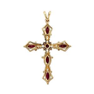 Preowned 9ct Yellow and White Gold Diamond & Ruby Set Cross Pendant with the weight 4 grams. The ruby stones are each 4mm by 2mm