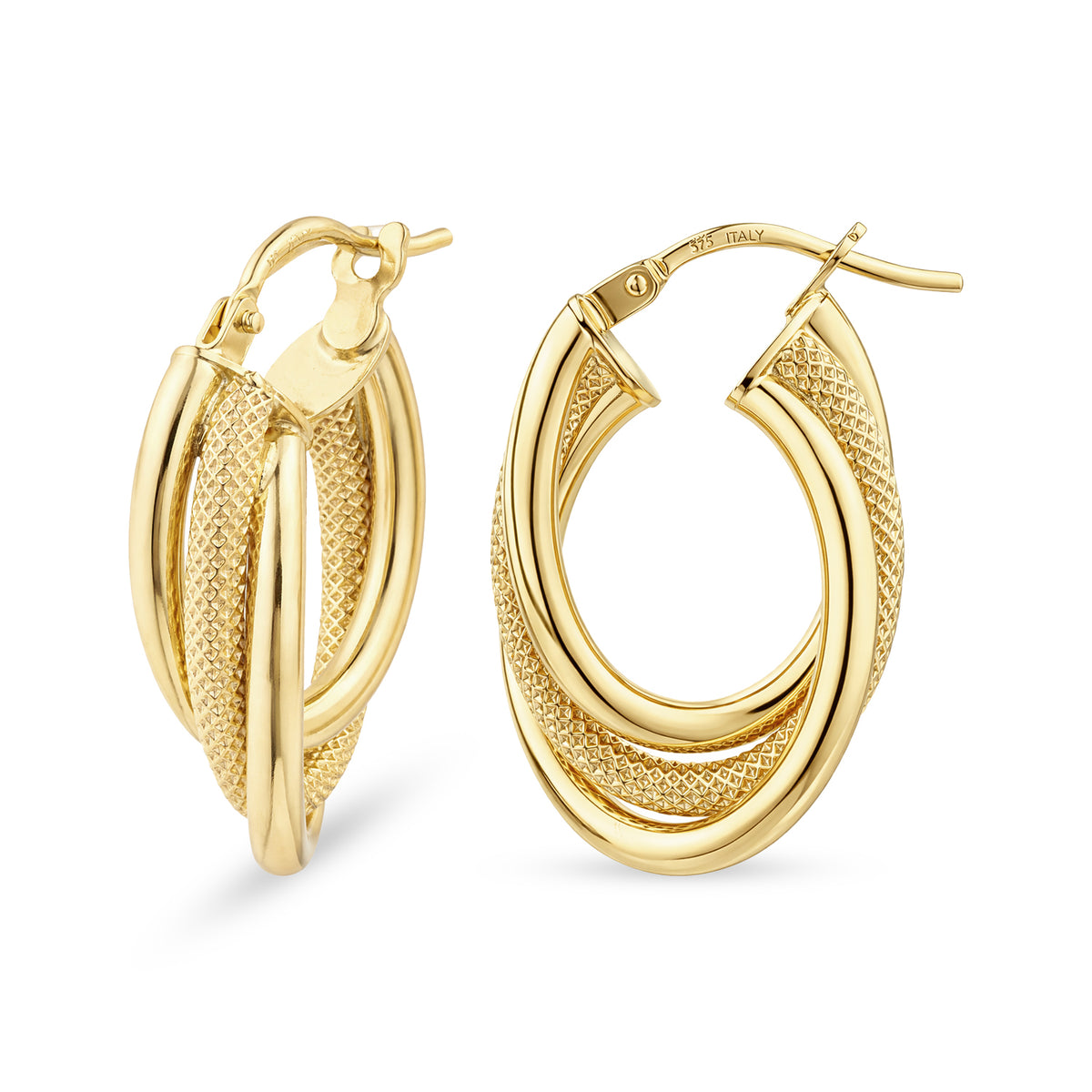 9ct Gold Three Strand Twist Oval Creole Earrings