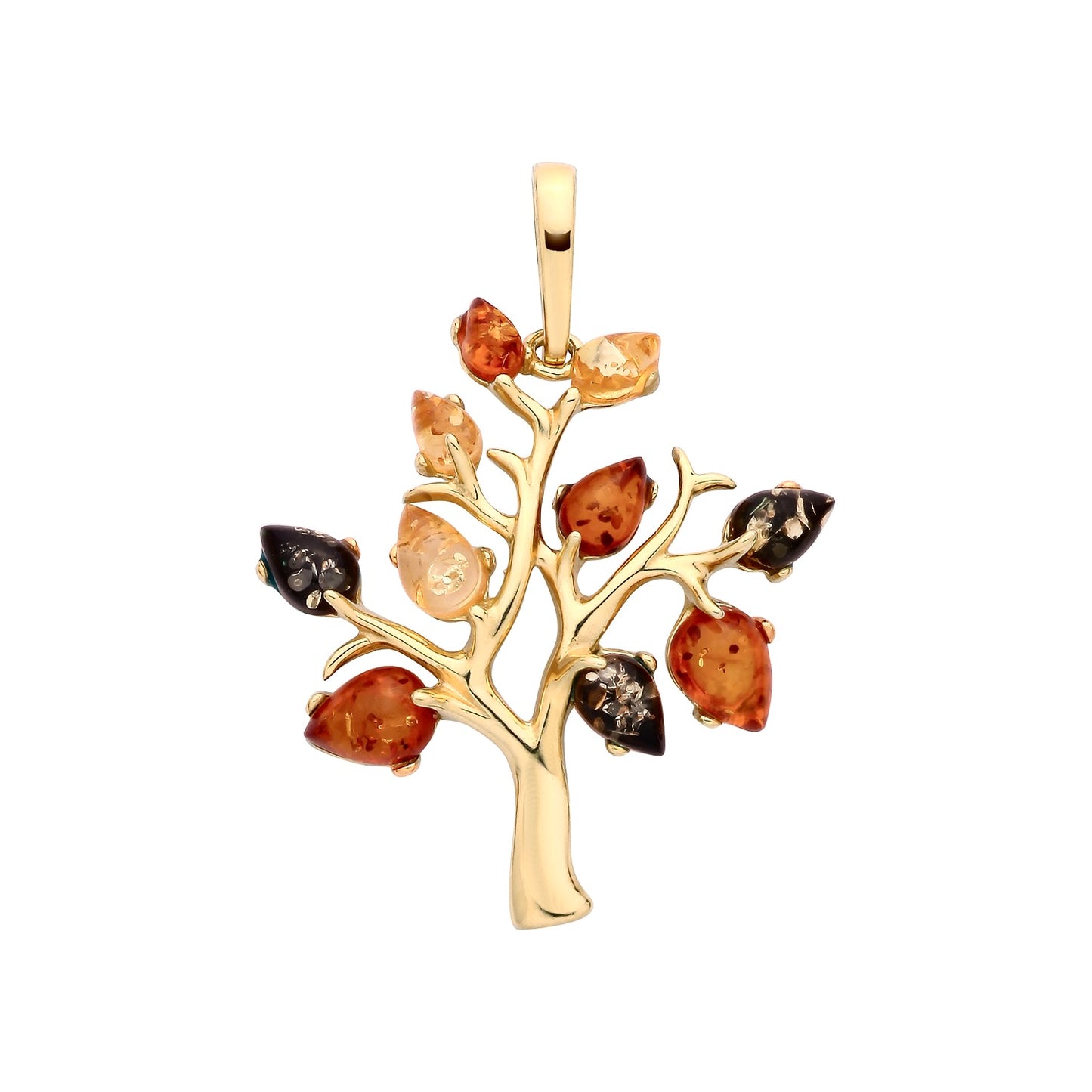 925 Silver Gold Plated & Multi Coloured Amber Set Tree Pendant