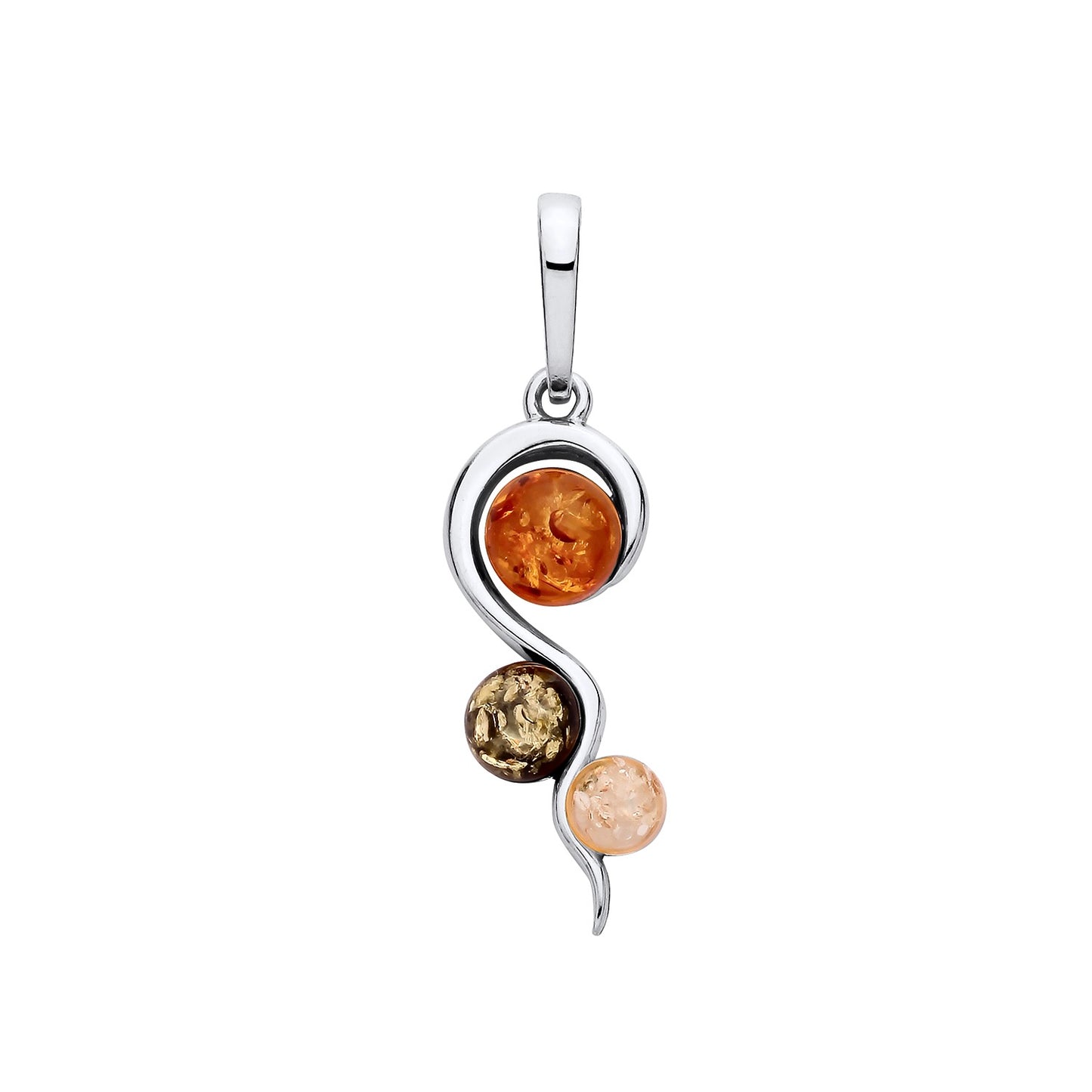 New 925 Silver & Natural Baltic Amber multi coloured stone Set Swirl Pendant with the weight 2 grams. Pendant Length 37.5mm Pendant Width 10.5mm