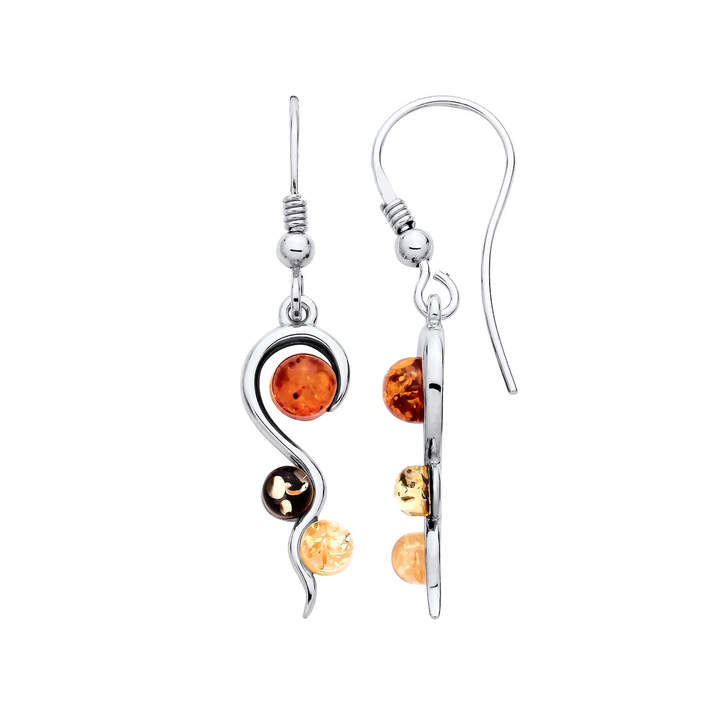 New 925 Silver & Natural Baltic Amber multi coloured Set Swirl Drop Earrings with the weight 2.80 grams. Earrings length 42mm Earrings Width 8.5mm