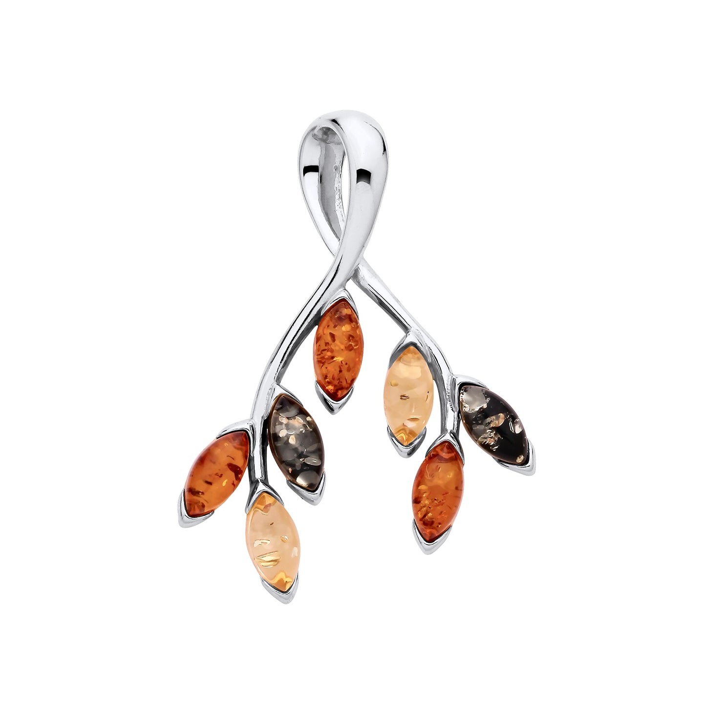 925 Silver & Multi Coloured Amber Leaf Style Pendant