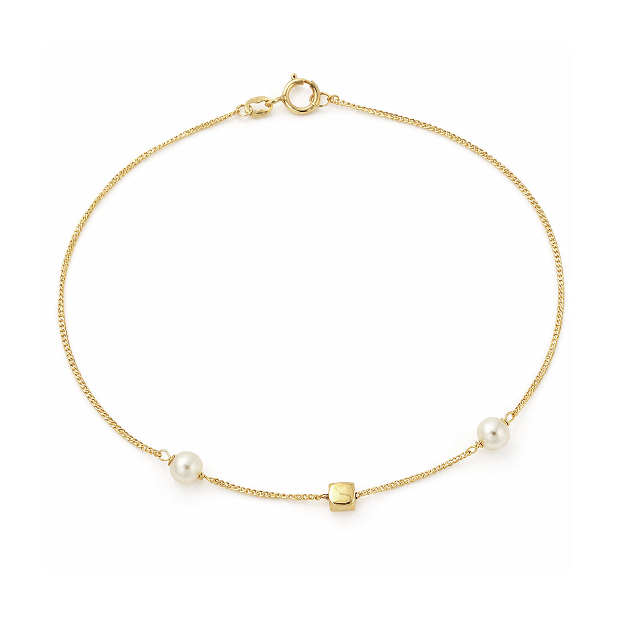 9ct Gold & Pearl Cube 7.5" Curb Bracelet