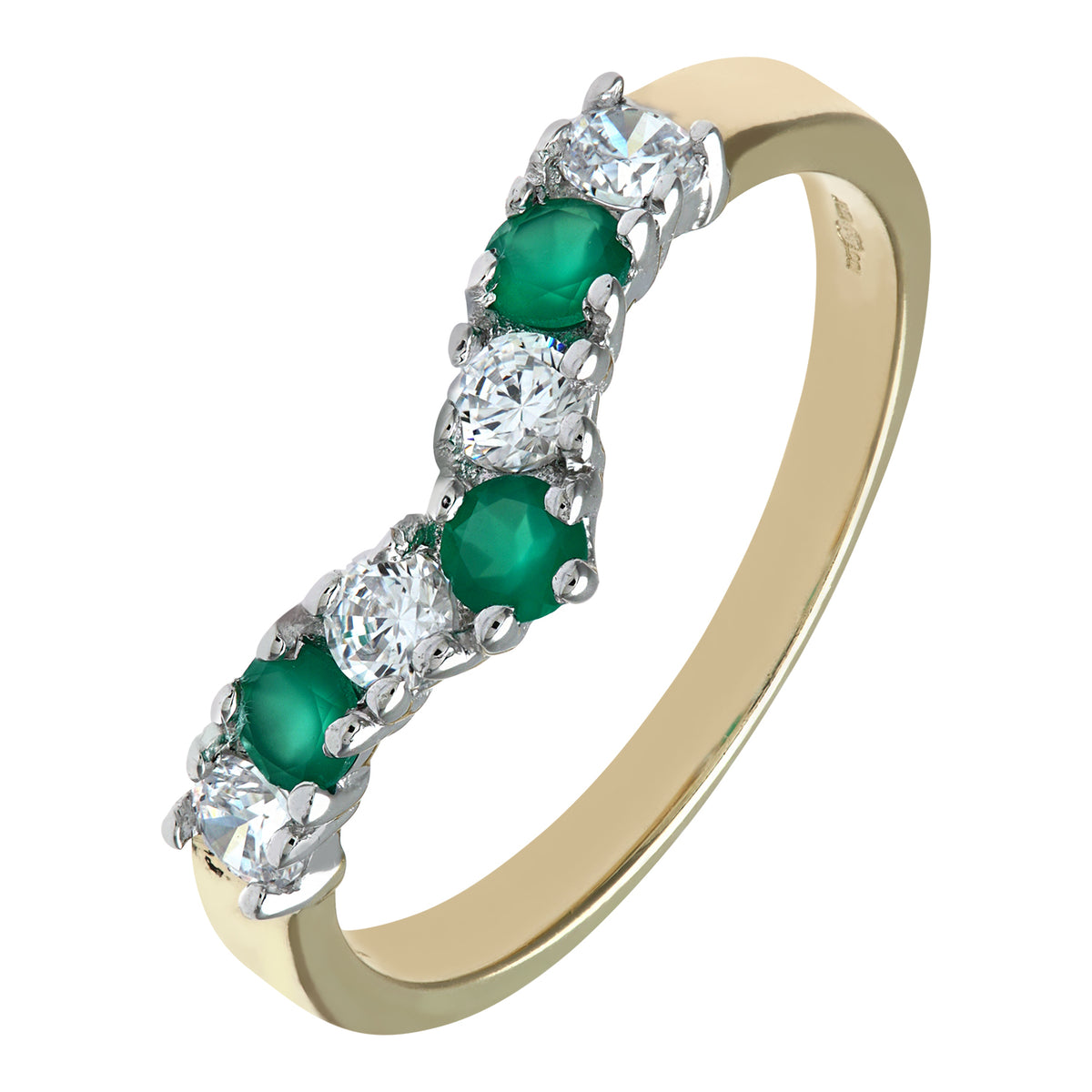 9ct Gold Emerald & Cubic Zirconia Wishbone Ring