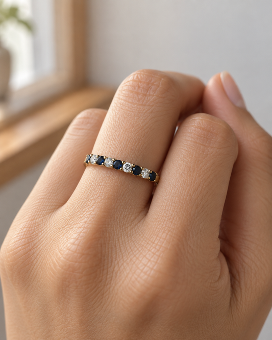 9ct Gold Sapphire & Cubic Zirconia Band Ring
