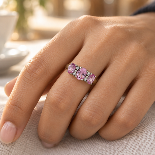 9ct Gold Lab Diamond & Pink Sapphire Trilogy Ring