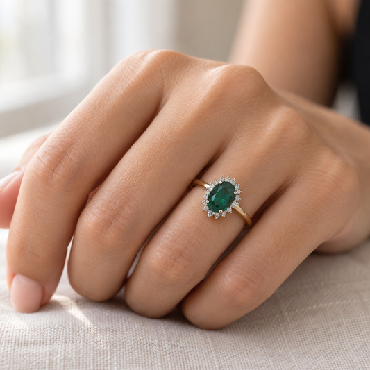 9ct Gold Lab Diamond & Emerald Cluster Ring