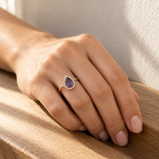 9ct Gold Amethyst & Cubic Zirconia Teardrop Cluster Ring