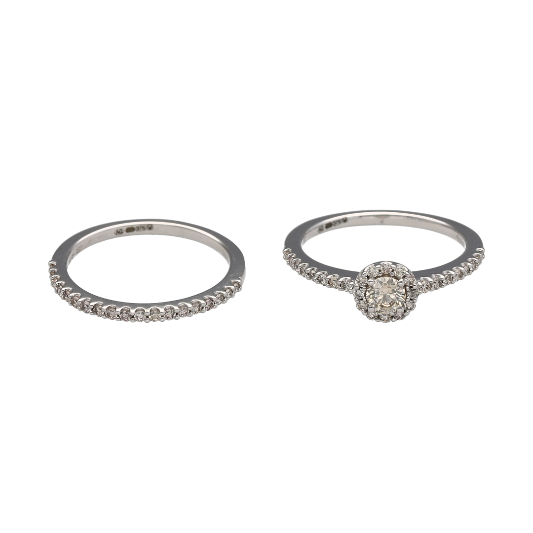 New 9ct White Gold & Diamond Halo Set Wedding Band Set