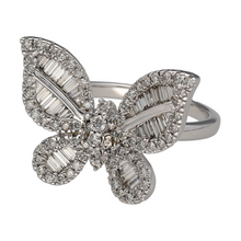 Load image into Gallery viewer, New 9ct White Gold &amp; Diamond Set Butterfly Cluster Ring in size M to N made up of baguette and brilliant cut diamonds. The front of the ring is 17mm high and there is 0.94ct of diamond content set in total. The diamonds are approximate clarity Si - i1 and colour M - N
