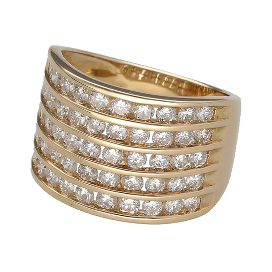 New 9ct Yellow Gold & 2ct Diamond Set Wide Five Row Band Ring in size O with the weight 6 grams. The front of the ring is 14mm high and there is approximately 2ct of brilliant cut diamonds content set in the band in total