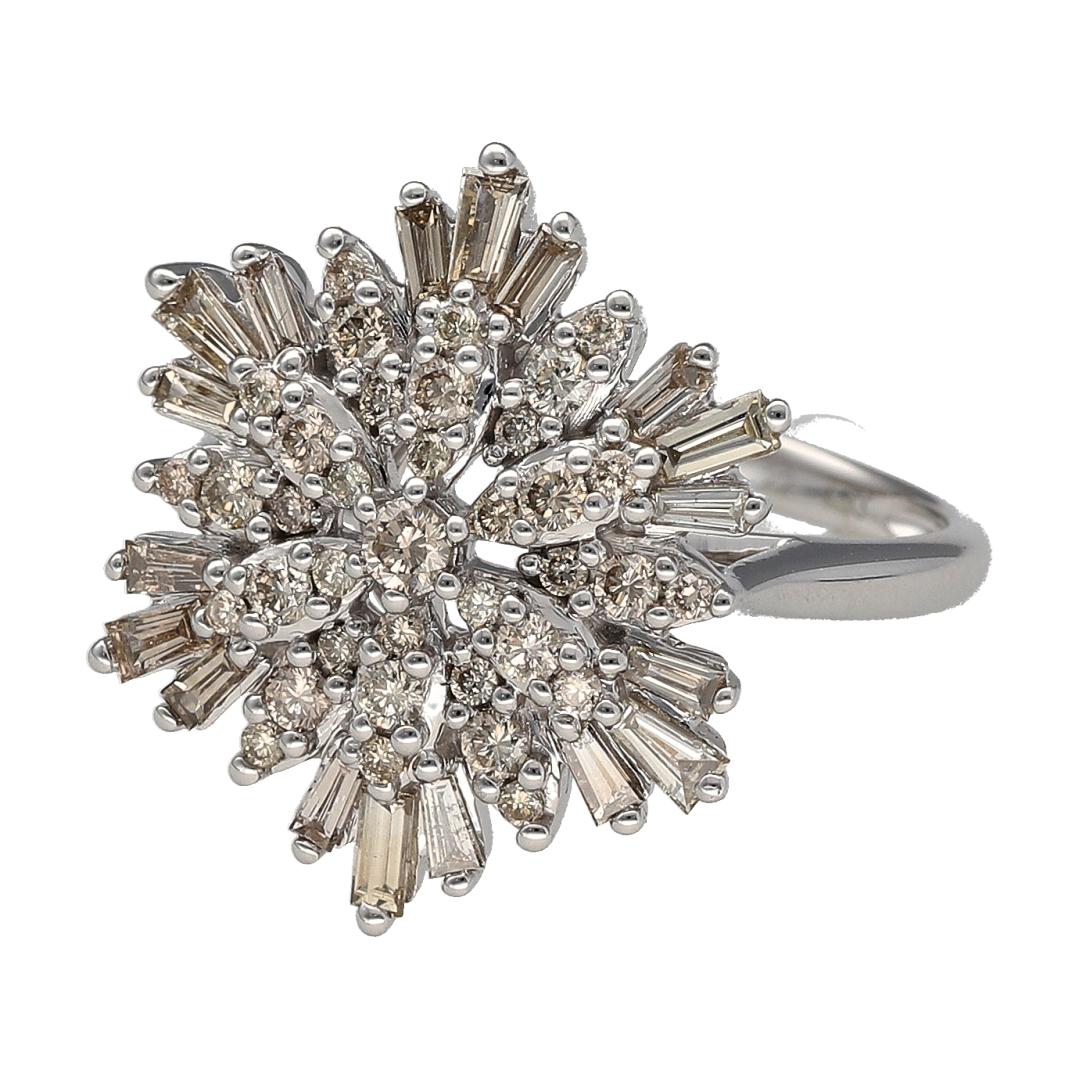 New 9ct White Gold & Diamond Set Snowflake Cluster Ring in size N with the weight 5.50 grams. The front of the ring is 2cm long and there is approximately 1.03ct of diamond content in total