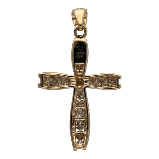 New 9ct Yellow Gold & 1ct Diamond Set Cross Pendant with the weight 4.70 grams. There is approximately 1ct of diamond content set in the cross in total and the pendant is 4cm long including the bail