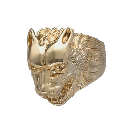 New 9ct Yellow Gold Wolf Ring in size W with the weight 17.90 grams. The front of the ring is 25mm high