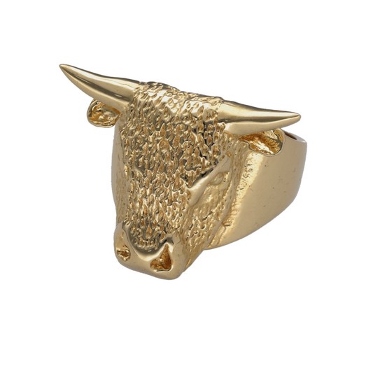 New 9ct Yellow Gold Bull Ring in size W to X with the weight 26 grams. The front of the ring is 24mm high