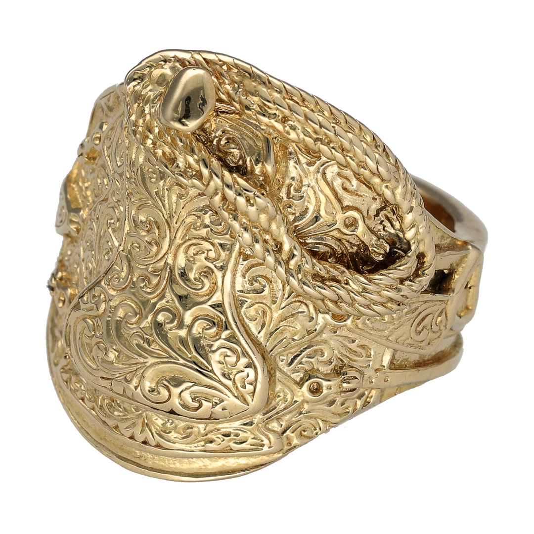 Bring bold craftsmanship and western-inspired flair to your collection with this new 9ct yellow gold patterned saddle ring—a standout design with striking detail and substantial presence.
Design: The ring features an intricately detailed saddle design measuring 30mm high at the front, complete with engraved patterns and sculptural elements that mimic the form and texture of a real saddle.