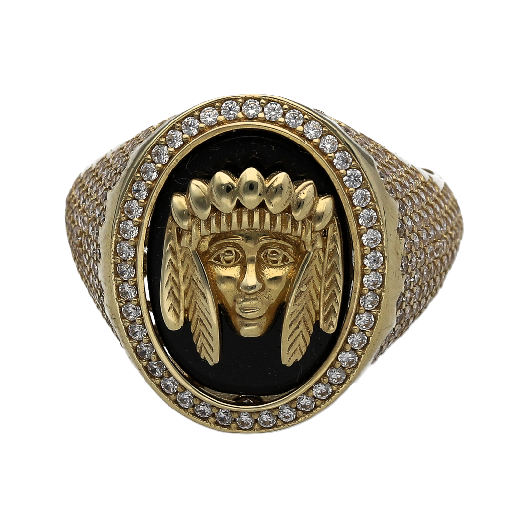 New 9ct Gold Cubic Zirconia & Black Stone Native American Oval Signet Ring