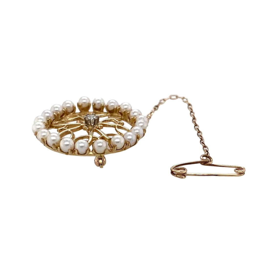 14ct Gold Diamond & Pearl Set Brooch