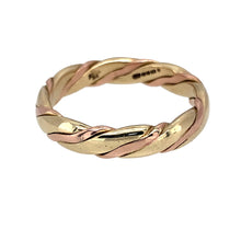 Load image into Gallery viewer, Preowned 9ct Yellow and Rose Gold Clogau Entwined Band Ring in size T with the weight 5.10 grams. The band is approximately 4.5mm wide 
