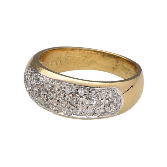 Preowned 18ct Yellow and White Gold & Diamond Set Wide Band Ring in size L to M with the weight 6.10 grams. The front of the band is 8mm high and the band contains approximately 15pt - 20pt of Diamond content