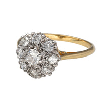 Load image into Gallery viewer, Preowned 18ct Yellow Gold &amp; Platinum Diamond Set Cluster Ring in size H with the weight 2.50 grams. There is approximately 41pt of diamond content in total at approximate clarity Si1 - i1 and colour K - M

