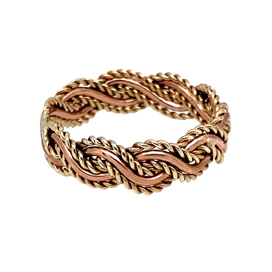 Preowned 9ct Yellow and Rose Gold Clogau Celtic Weave Twisted Band Ring in size O with the weight 2.70 grams. The band is 6mm wide