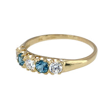 Load image into Gallery viewer, Preowned 9ct Yellow Gold &amp; White and Blue Coloured Cubic Zirconia Set Band Ring in size R with the weight 1.60 grams. The stones are each 3mm diameter
