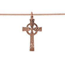 Load image into Gallery viewer, Preowned 9ct Rose Welsh Gold Celtic Cross Pendant on an 18&quot; curb chain with the weight 6.20 grams. The pendant is 4.2cm long including the bail
