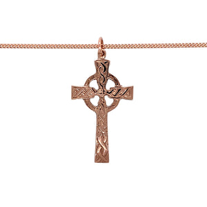 Preowned 9ct Rose Welsh Gold Celtic Cross Pendant on an 18" curb chain with the weight 6.20 grams. The pendant is 4.2cm long including the bail