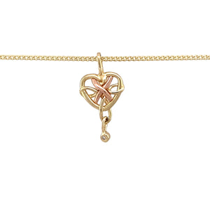 Preowned 9ct Yellow and Rose Gold & Diamond Set Clogau Celtic Heart Pendant on an 18" Clogau pendant curb chain with the weight 3.80 grams. The pendant is 2.2cm including the bail