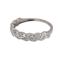 Load image into Gallery viewer, Preowned 9ct White Gold &amp; Diamond Set Wreath Style Band Ring in size J with the weight 1.30 grams. The front of the band is 3mm wide
