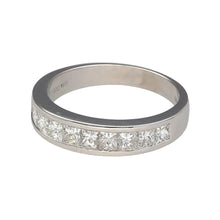 Load image into Gallery viewer, Preowned Platinum &amp; Diamond Set Band Ring in size M with the weight 5.40 grams. There are ten princess cut diamonds set in the band which is 5mm wide at the front. There is approximately 1ct of diamond content in total at approximate clarity Si2 and colour K - M
