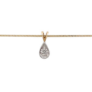 Preowned 9ct Yellow and White Gold & Diamond Teardrop Pendant on an 18" fine curb chain with the weight 1.10 grams. The pendant is 1.2cm long including the bail
