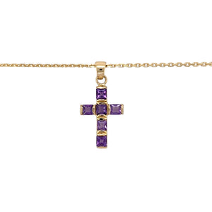 Preowned 18ct Yellow Gold & Amethyst Set Cross Pendant on an 18" trace chain with the weight 8.60 grams. The pendant is 3.3cm long including the bail and the amethyst stones are each 4mm by 4mm