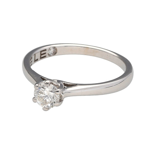Preowned 18ct White Gold & Diamond Set Solitaire Ring in size J with the weight 2.20 grams. The brilliant cut diamond is approximately 36pt and is six claw set. The diamonds are approximate clarity Si1 and colour J - K