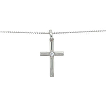 Load image into Gallery viewer, Preowned 9ct White Gold &amp; Diamond Set Cross Pendant on a 20&quot; ball chain with the weight 5 grams. The pendant is 3.2cm long including the bail

