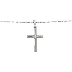 Preowned 9ct White Gold & Diamond Set Cross Pendant on a 20" ball chain with the weight 5 grams. The pendant is 3.2cm long including the bail