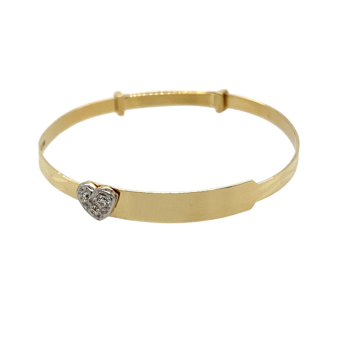 New 9ct Gold & Cubic Zirconia Set Heart ID Expander Baby Bangle