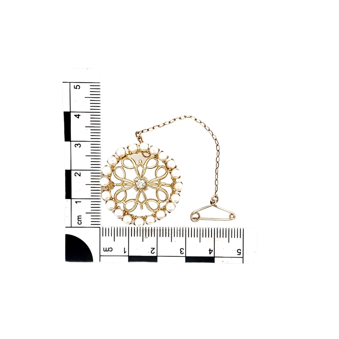 14ct Gold Diamond & Pearl Set Brooch